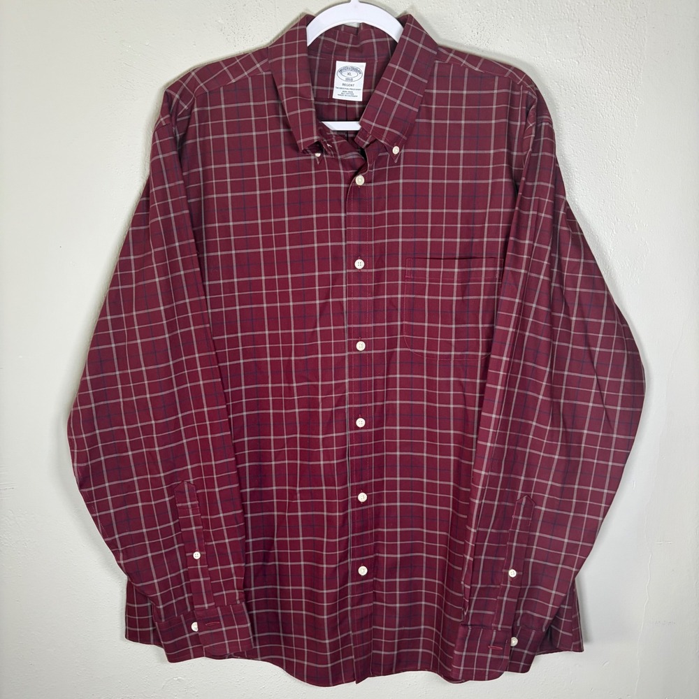 Brooks Brothers Regent XL Burgundy Plaid Non-Iron Cotton Button Down Shirt Mens